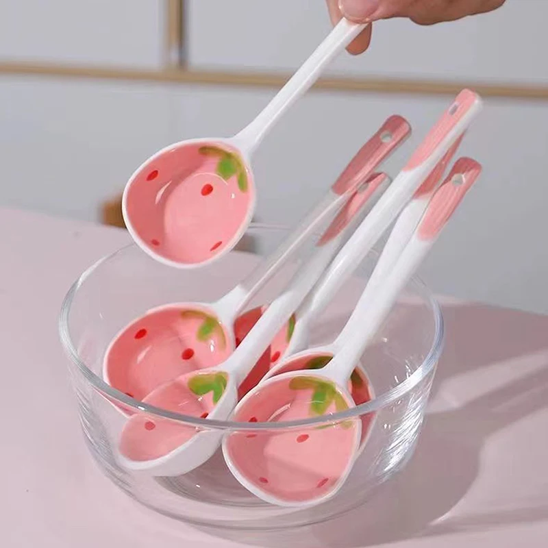 Cute Ceramic Strawberry Soup Spoon Kawaii Korean Ice Cream Dessert Spoon With Long Handle Kitchen Tableware Accessories