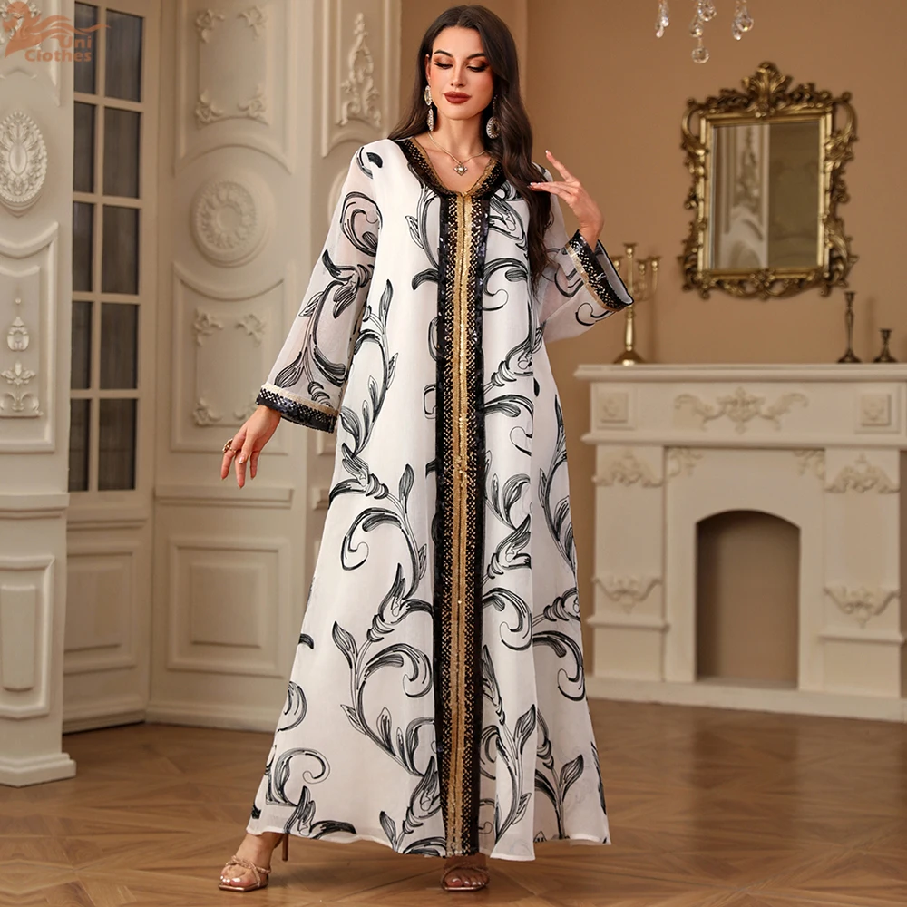 

Uni Morocco Sequins Patchwork Maxi Abayas Muslim Floral Print Elegant Women Evening Dress 2025