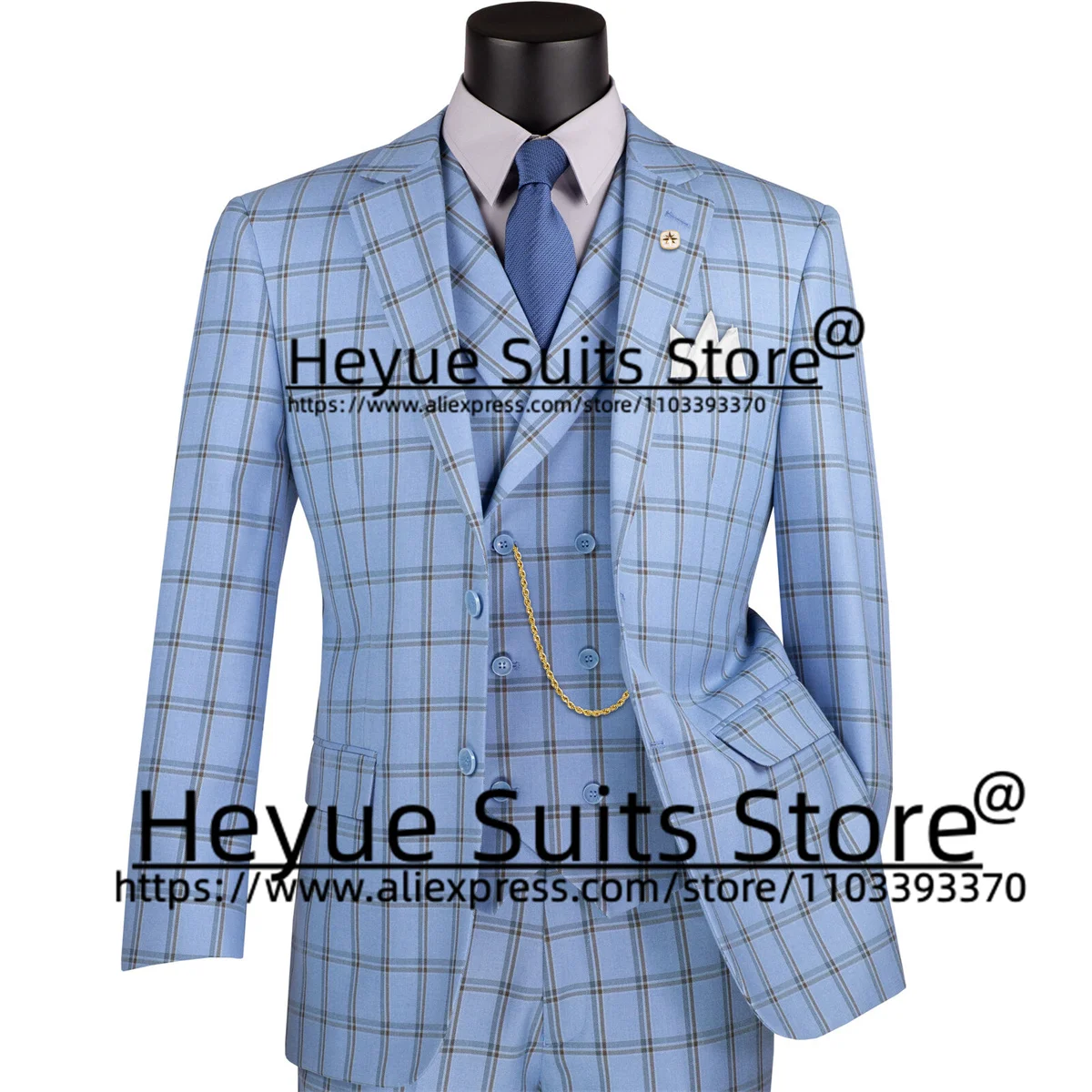 Business Sky Blue Plaid Formal Suits For Men Slim Fit Groom Wedding Tuxedos 2 Pieces Sets Office Work Male Blazer Costume Homme