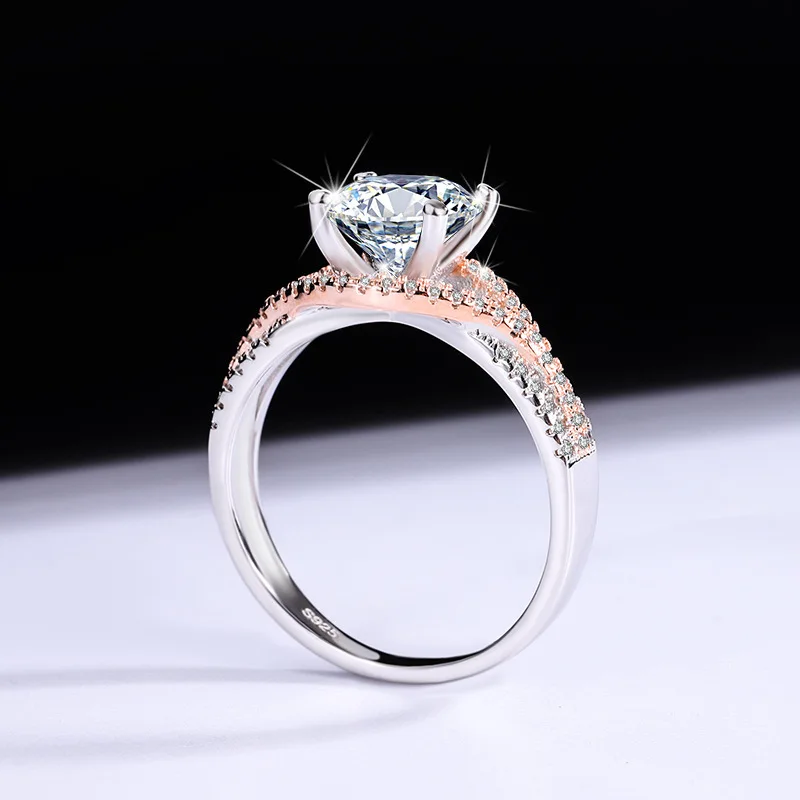 

BR S925 Sterling Silver Moissanite Ring, Two-Tone Plated Bold Design, INS Style, D VVS1 Exquisite Moissanite Jewelry