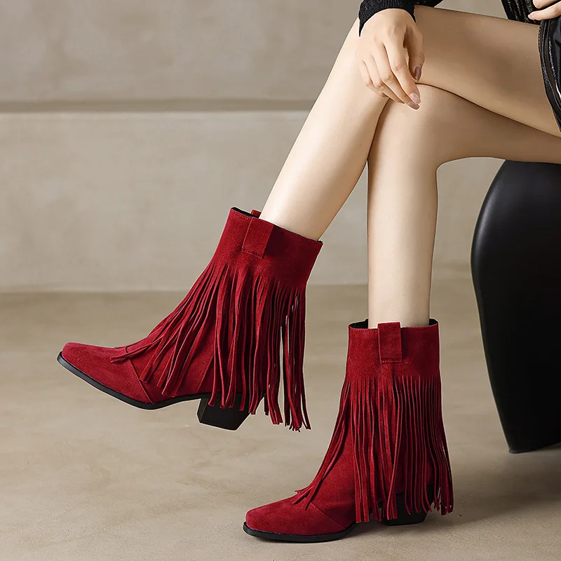 

Winter Boots Lady Women Shoes Autumn Round Toe 2024 Rubber Large Size Ankle Low Solid Hoof Heels Fringe Slip-On Cotton Fabric F