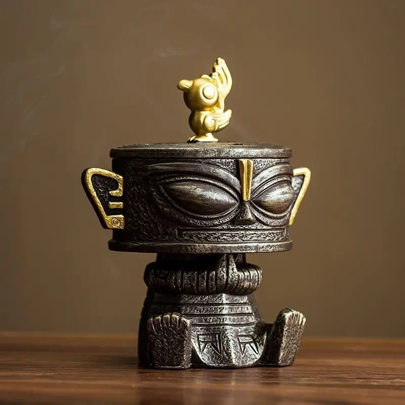 

Ancient Bronze Mask Incense Burner Sanxingdui Style Mini Desktop Decor for Home Office Meditation Mysterious Culture Gift