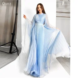 Qanz céu azul vestidos de noite longos uma linha mangas completas chiffon personalizado o pescoço formal ocasião vestido de fiesta els