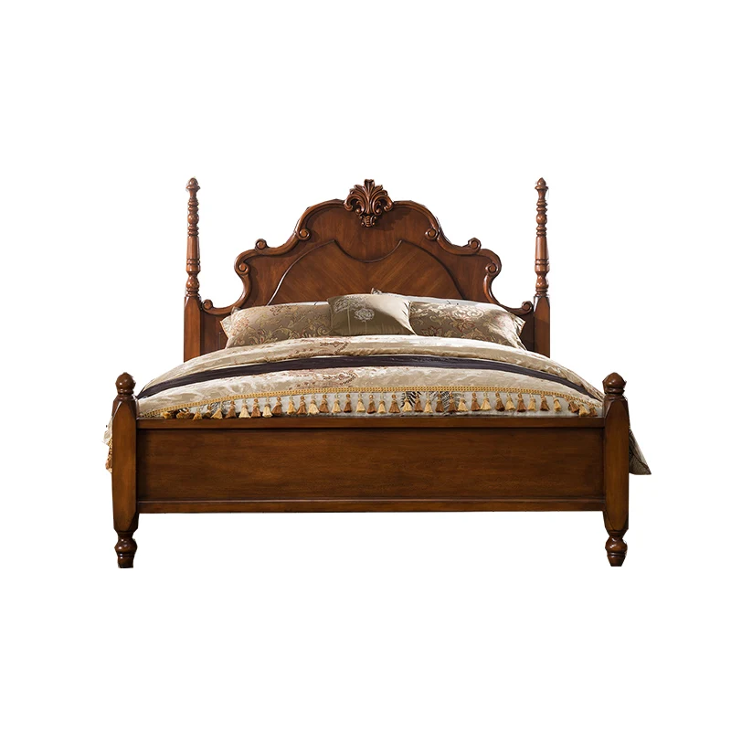 

Двуспальная кровать из цельного дерева в американском стиле, 1,8 метра, бытовая кровать для пожилых людей, простая резная кровать