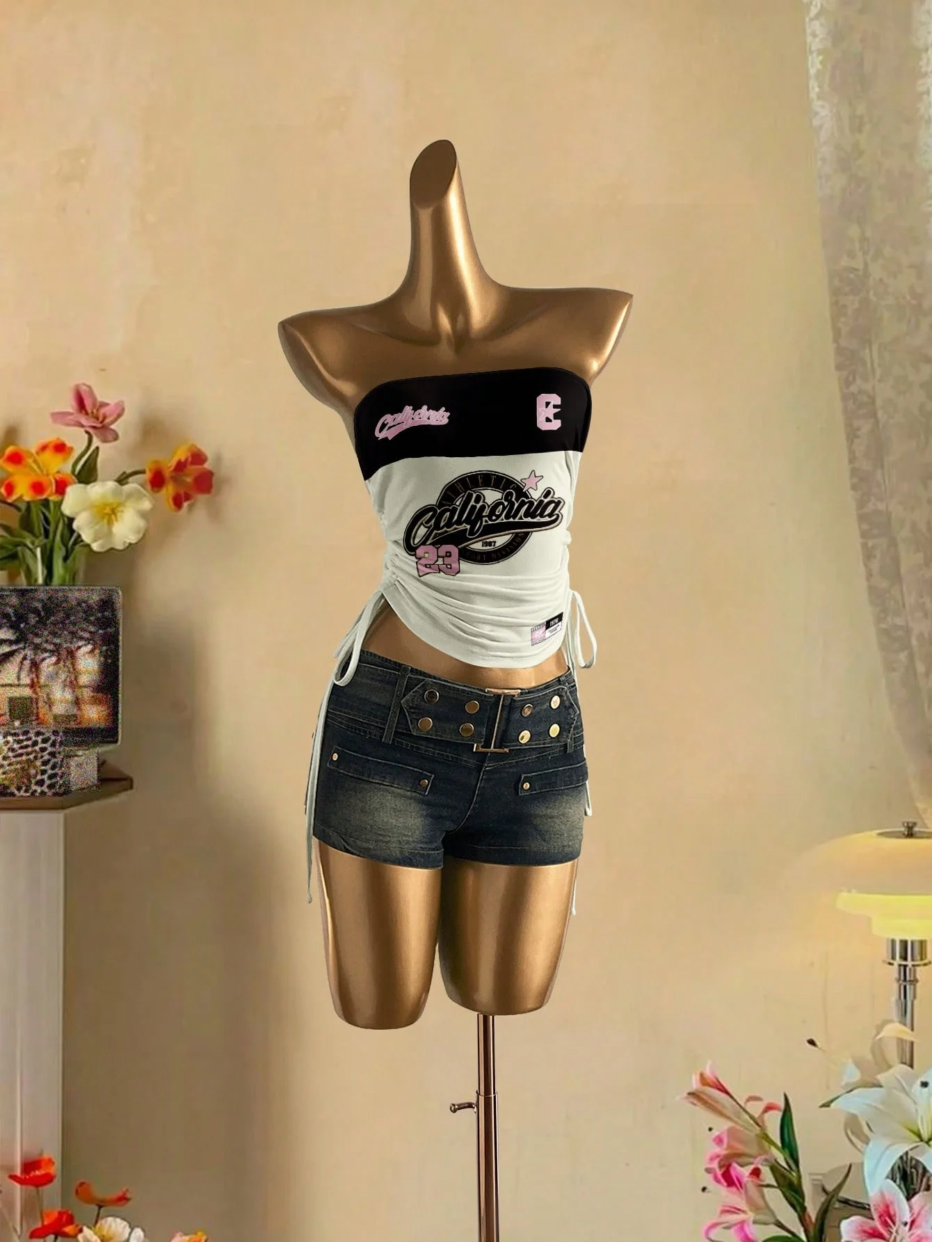 توب قصير، توب نسائي صيفي برباط أمامي مدبب بدون أكمام، قميص رياضي عصري مطبوع بأشرطة