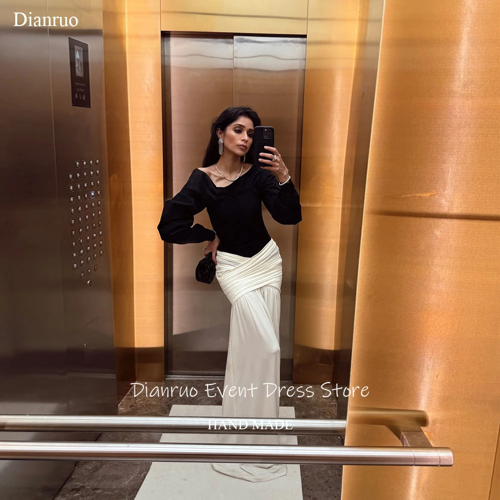 Dianruo Einzigartige Abendkleider mit asymmetrischem Kragen, gerüscht, lange Ballkleider, Chiffon, Schwarz, Weiß, formelle Roben, Bal de Promo, individuell gestaltet