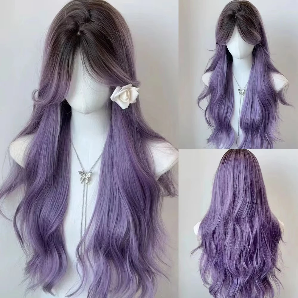 

Ombre Purple Long Wavy Women Synthetic Wig Lolita Cosplay Heat Resistant Wig Middle Part for Daily Party