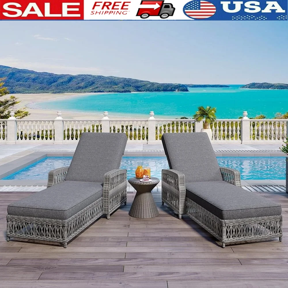 

2 Pieces Adjustable Reclining Chaise Lounge Set Weatherproof Wicker Chairs with Armrests Soft Cushions Garden Outdoor Poolside