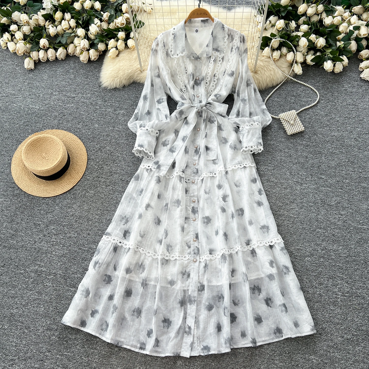 Chic vintage rhinestone lace-up slim Elegant Fairy korean fashion Boho Sundress women clothing Long dress