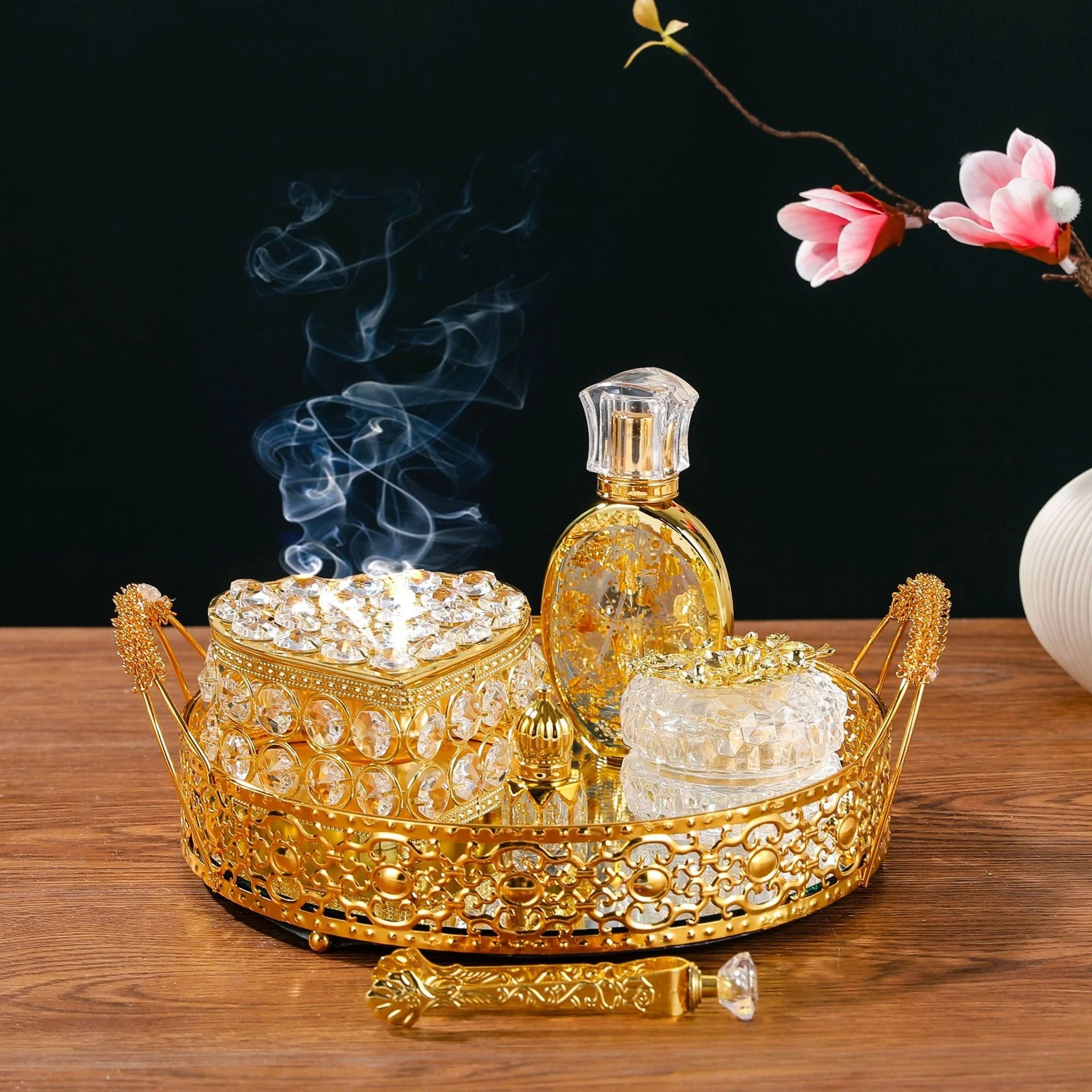 Gold plated glass tray perfume bottle incense burner set Arabian heart-shaped incense burner set gift decorations