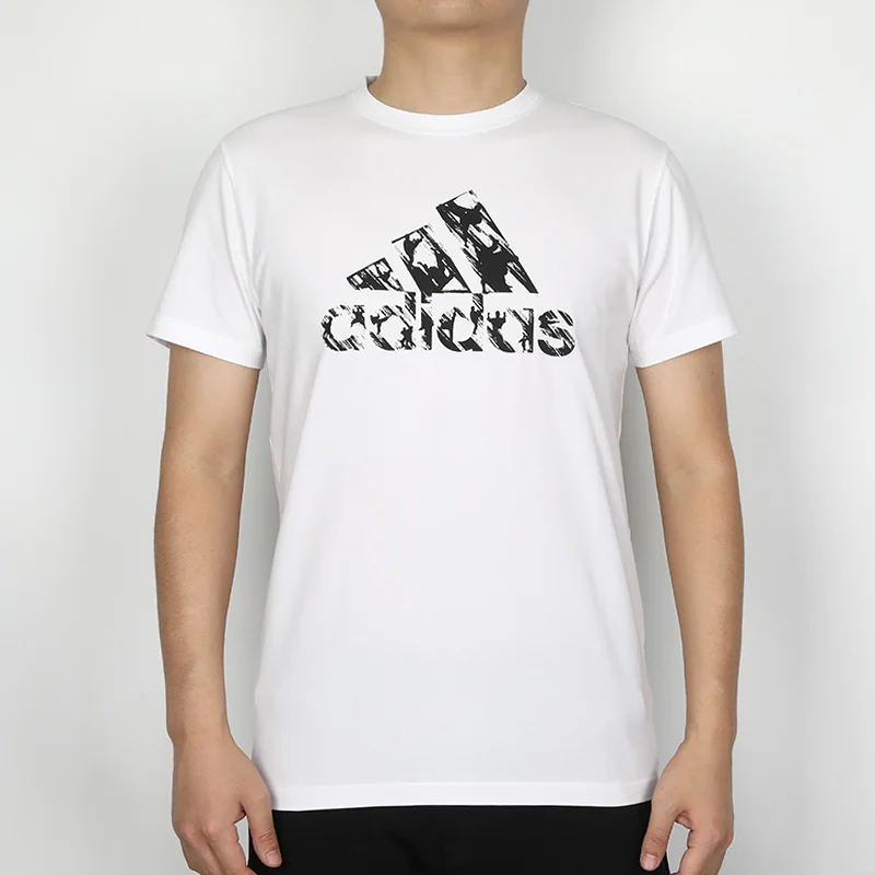 

Adidas White Short - Sleeve T - Shirt with Distressed Black Brand Logo and Text for Casual and Sports Wear