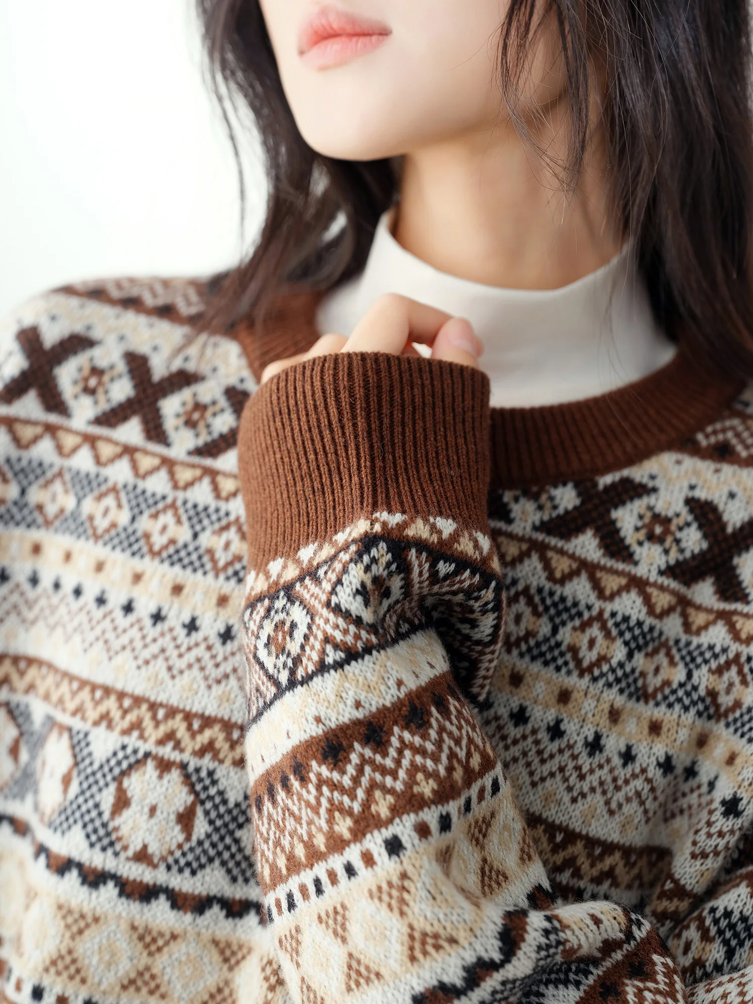 

Женский вязаный свитер Nordic Sle Handpied с круглым вырезом, осенне-зимний, винтажный, повседневный, в стиле Fair Isle, с цветными блоками