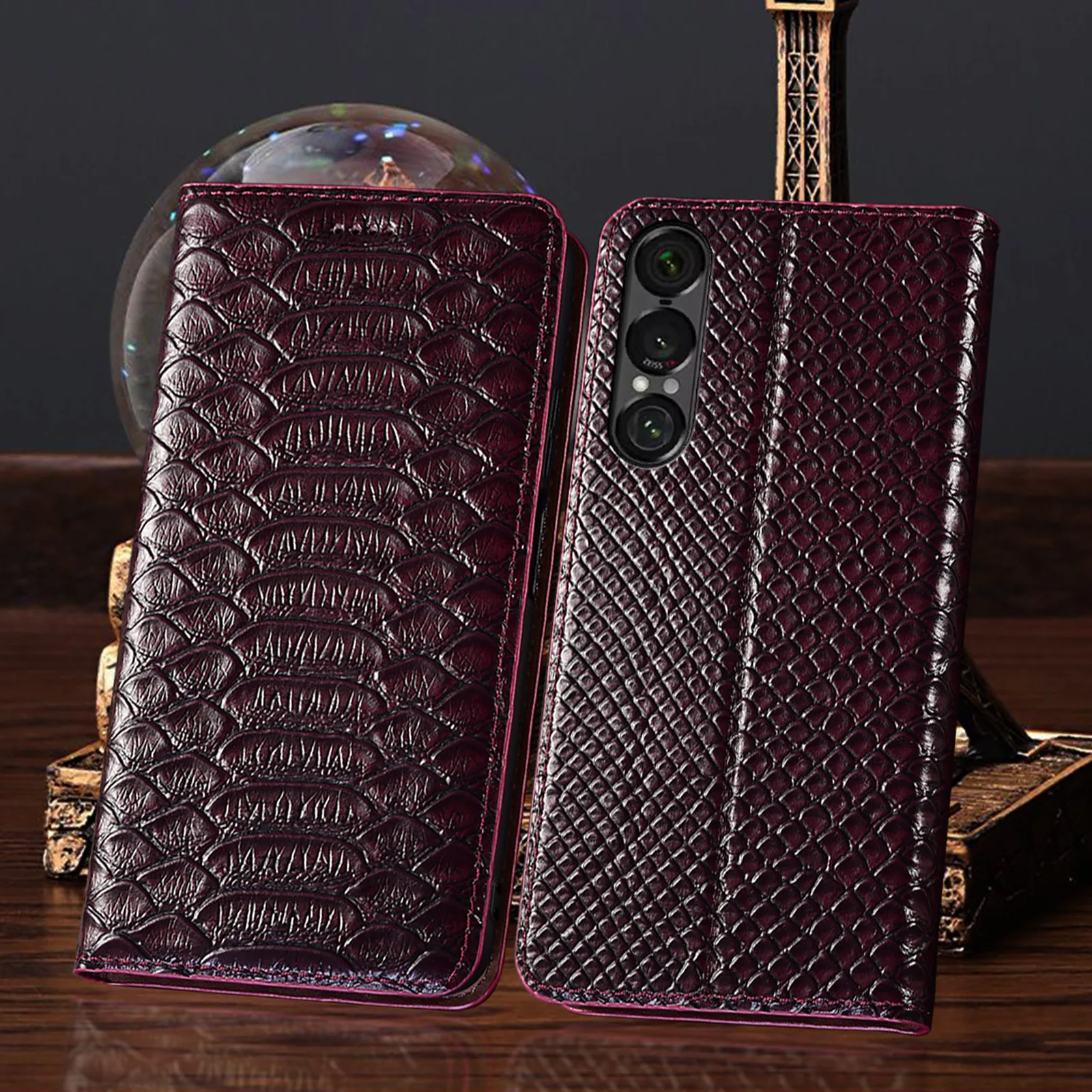 

Genuine Leather Phone Case For Sony Xperia 1 5 10 II III IV V VI VII Python Pattern Of Wallet Flip Cover Case Scratch-Resistant