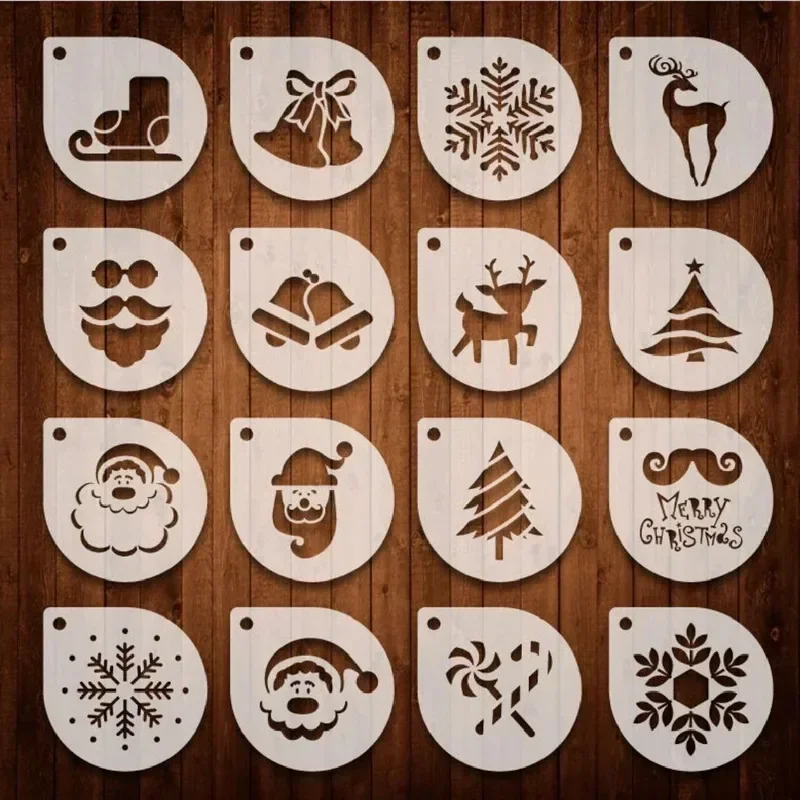 

16Pcs Coffee Stencils DIY Latte Cappuccino Barista Coffee Accessories Decor Christmas Coffee Printing Model Powdered Sieve Tool