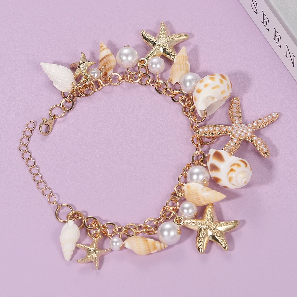 Heißes Armband mit Meeresmotiv für Damen, Seestern-Muschel-Anhänger mit Simulationsperle, Verstellbares Armband, Schmuckgeschenk für die Freundin – Detail 2