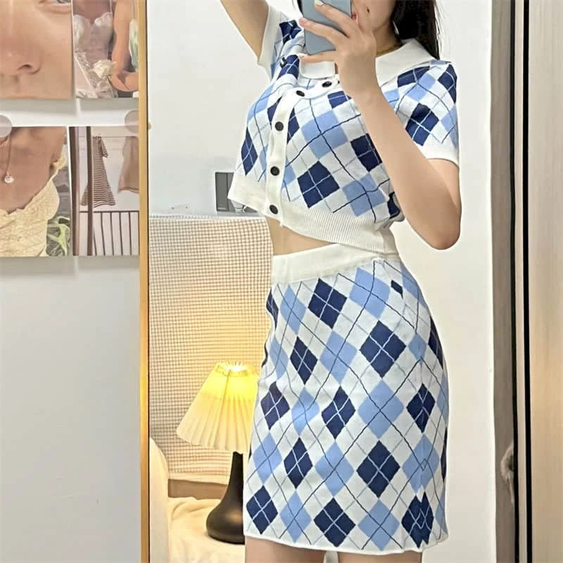 Dress Sets Two Piece Sets Women Outfits Summer Korean Fashion Vintage Polo Collar Short Sleeve Tops and A-line Skirts for Women