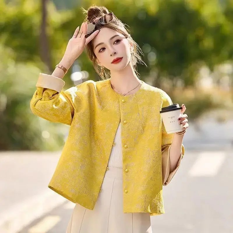

Женская куртка, новая верхняя одежда, высококачественная желтая короткая куртка с круглым вырезом, женская весенне-осенняя ретро-элегантная куртка в стиле тан-костюм