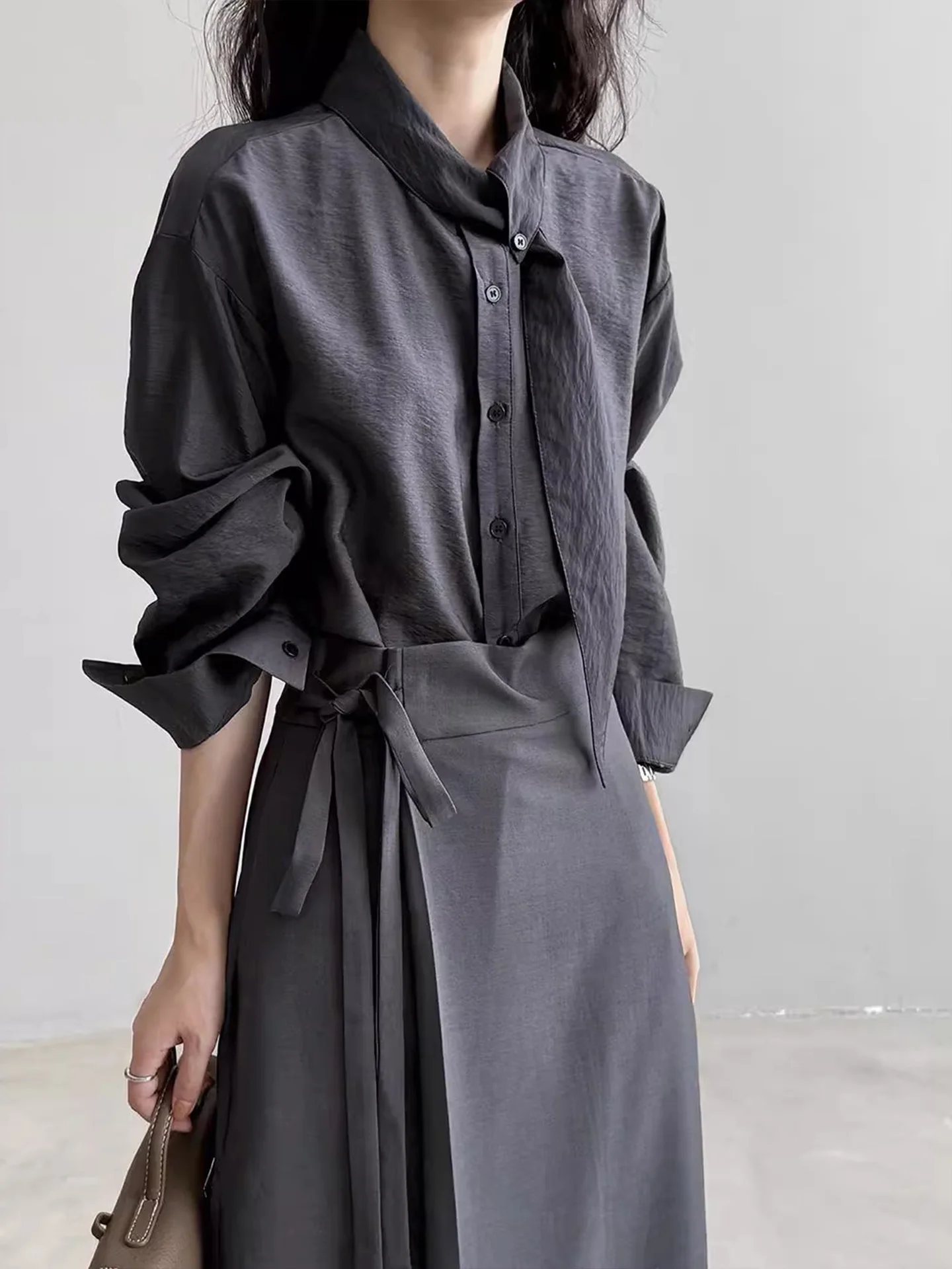 Korean Sle Long Sve irt Women's Spring Autumn Commuter Loose Scarf Collar Casual Slimming Versatile Top Trendy