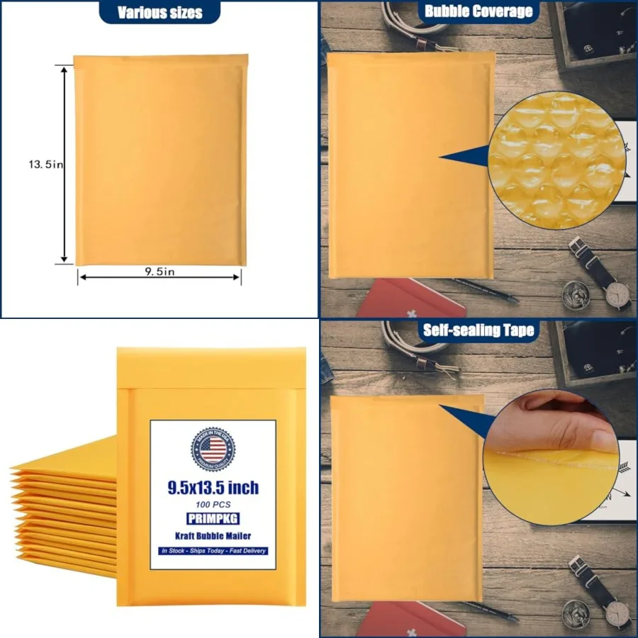 

Bubble Mailer Envelopes, Pack Kraft Padded Envelopes, Large Bubble Mailers 9.5x13.5 Inch, Self-Seal Shipping Envelope, Tear-Res
