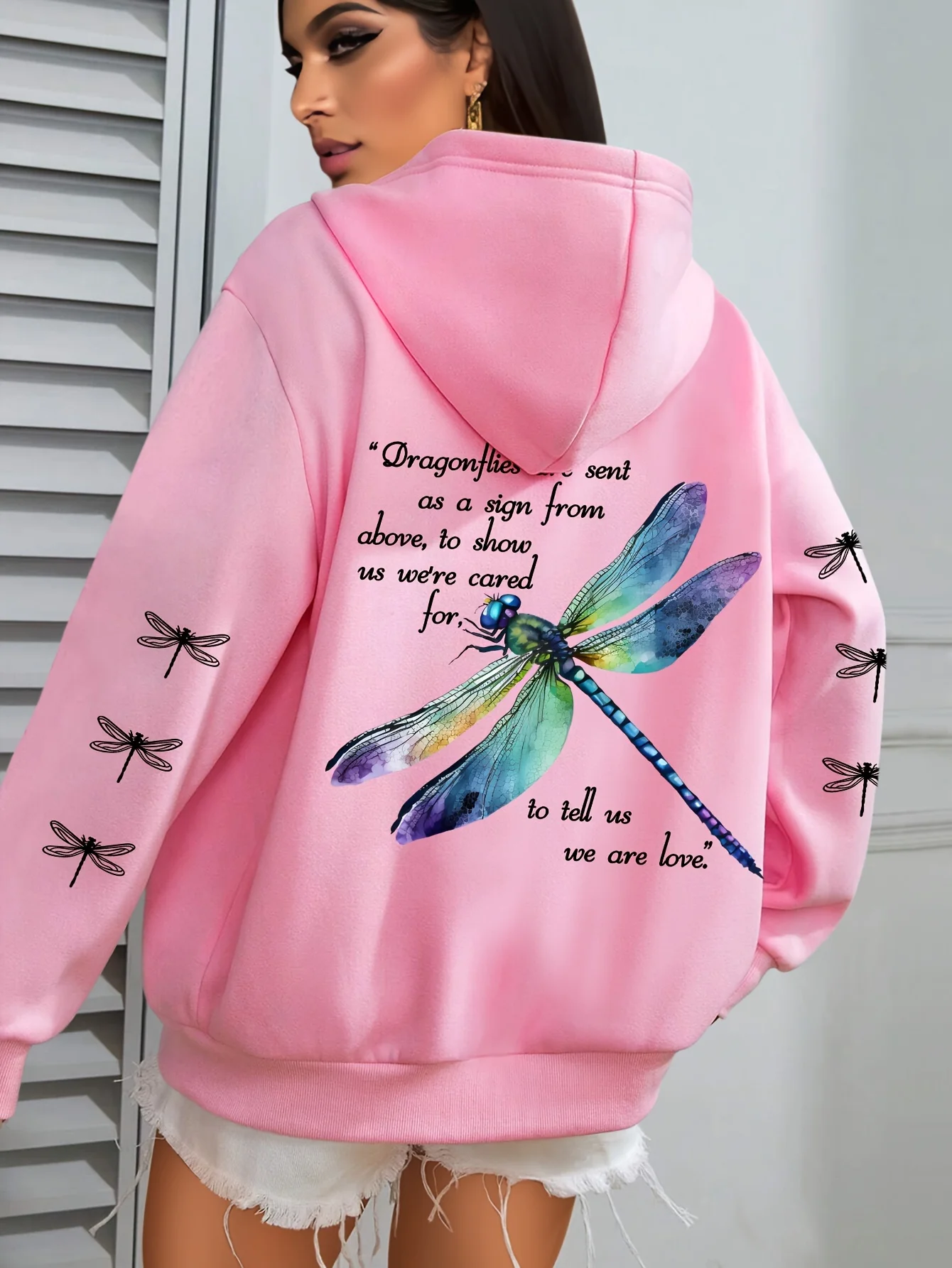[Taglia Plus] Felpa con cappuccio con stampa libellula - Felpa verde a maniche lunghe taglie forti con tasca e citazione ispiratrice - Casual da donna