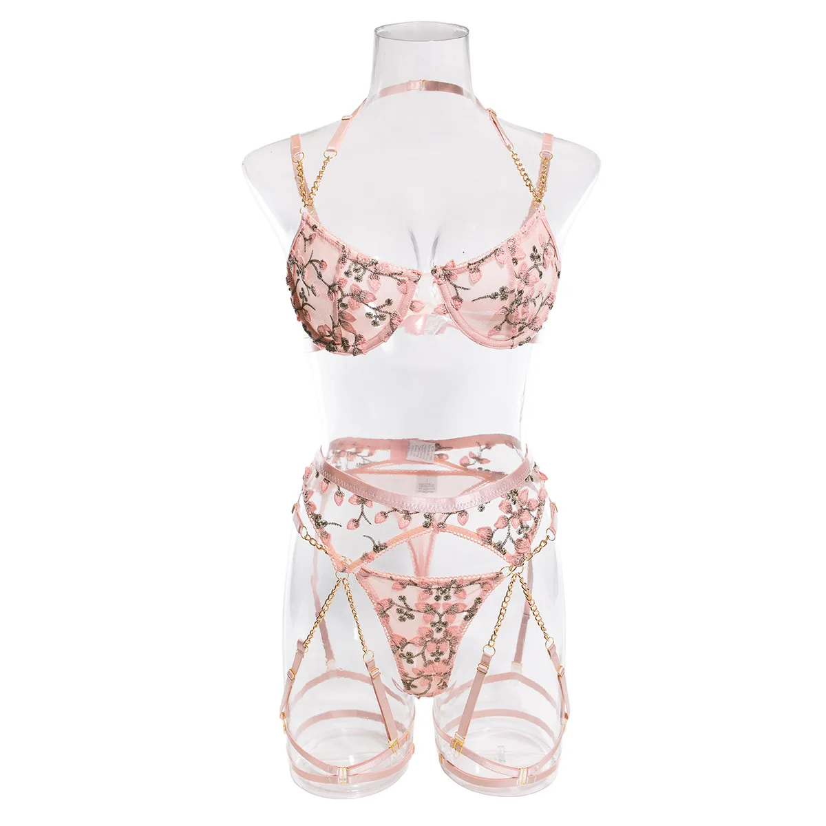 Girl Embroidered Flower Perspective Lingerie Set Women\'s Sweet Sexy Chain Underwear Female Solid See Though Bra Three Piece Set