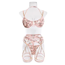 Girl Embroidered Flower Perspective Lingerie Set Women's Sweet Sexy Chain Underwear Female Solid See Though Bra Three Piece Set