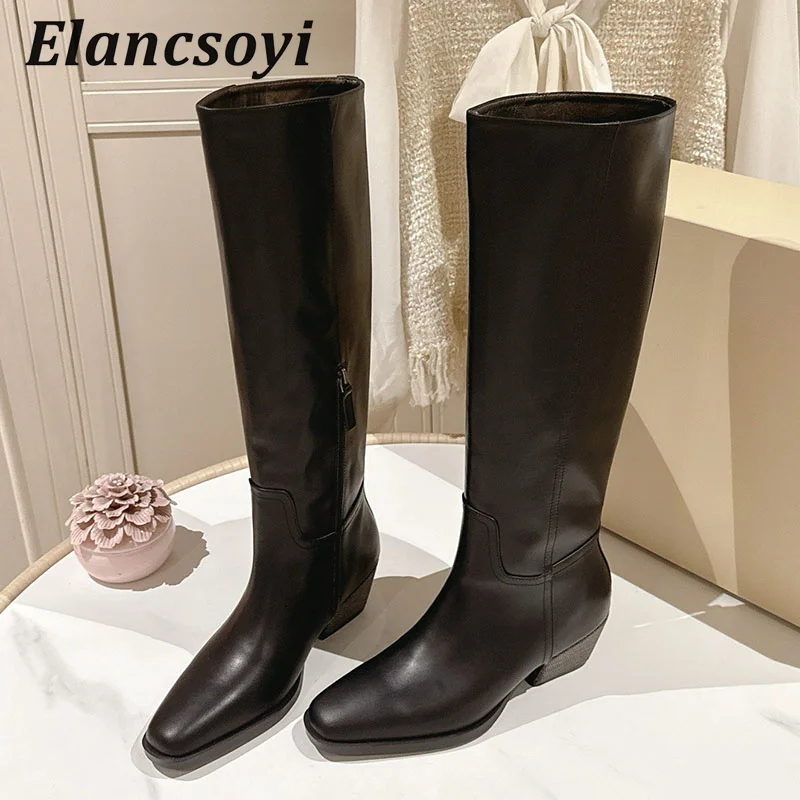 Knight Boots Women's Genuine Leather String Bead Sides Zipper Knee-high Boots Autumn Winter Square Toe Chunky Heels Long Botas
