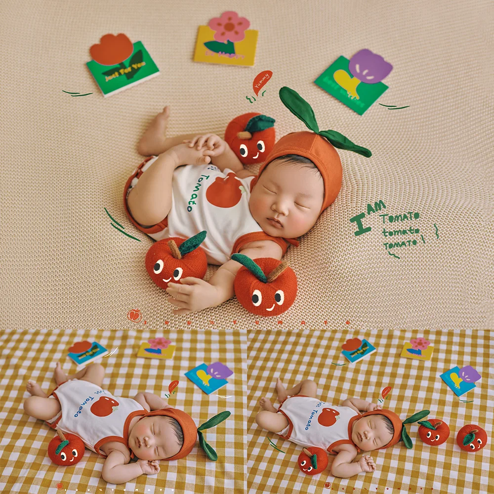 Newborn Summer Clothing Cotton Baby Bodysuit Apple Hat Photography Outfits Apple Doll 0 Month Infant Photo Shoot Decorate Props