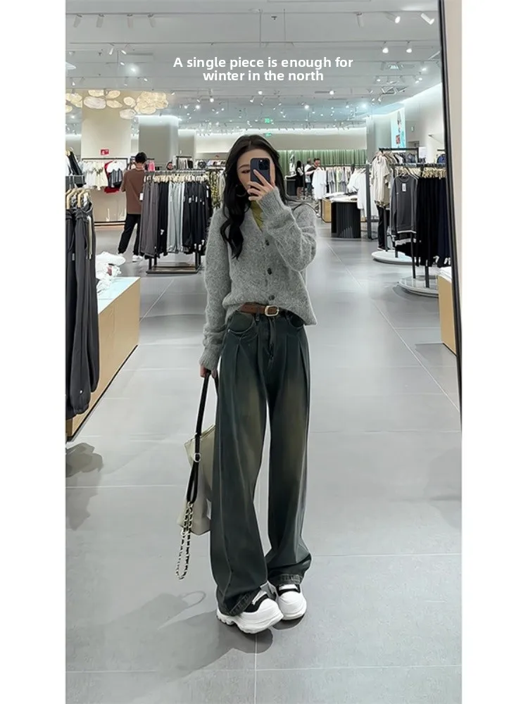 Plus Size Fce-gefütterte Thi-Denim-Jeans für Damen, hohe Taille, weites Bein, gerader Schnitt, lässig, bequem, atmungsaktiv, verschleißfest