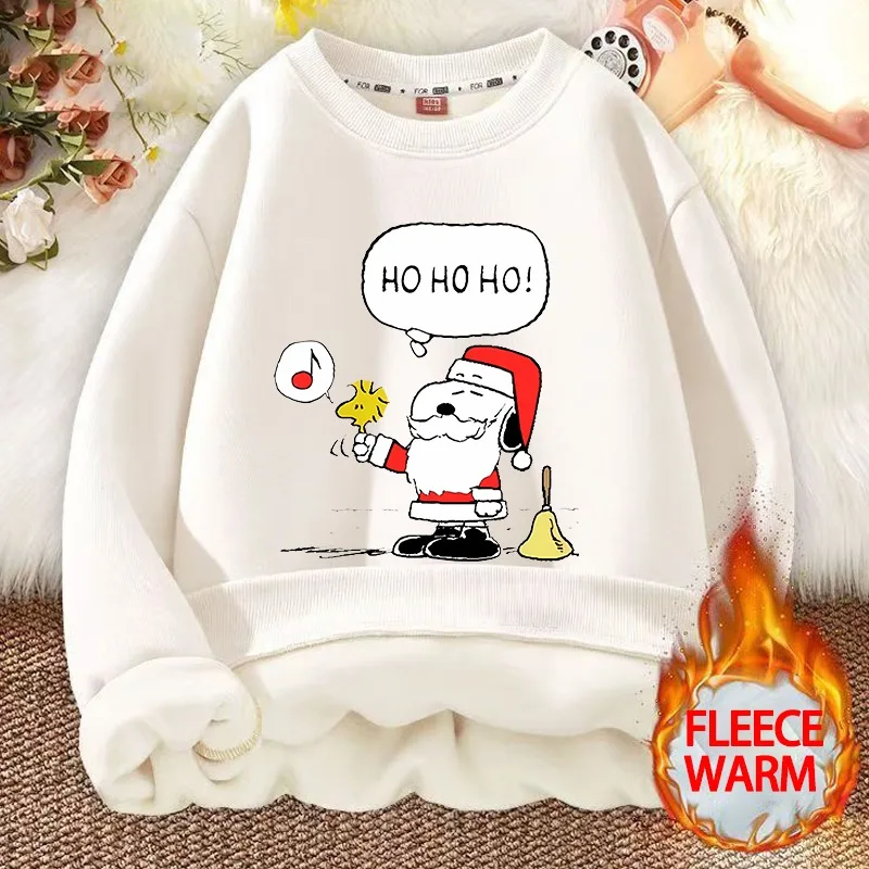 Snoopy Christmas Sweatshirts Peanuts Comic Long Sleeved Fleece Thicken Cute Tops Boy Girl New Year Xmas Clothing Child Clothes