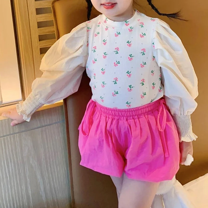 

Spring Autumn Children'S Girls Clothing Sets Fashion Puff Sleeve Floral Blouse And Bloomers Suit Casual Sweet Girl Clothes Sets