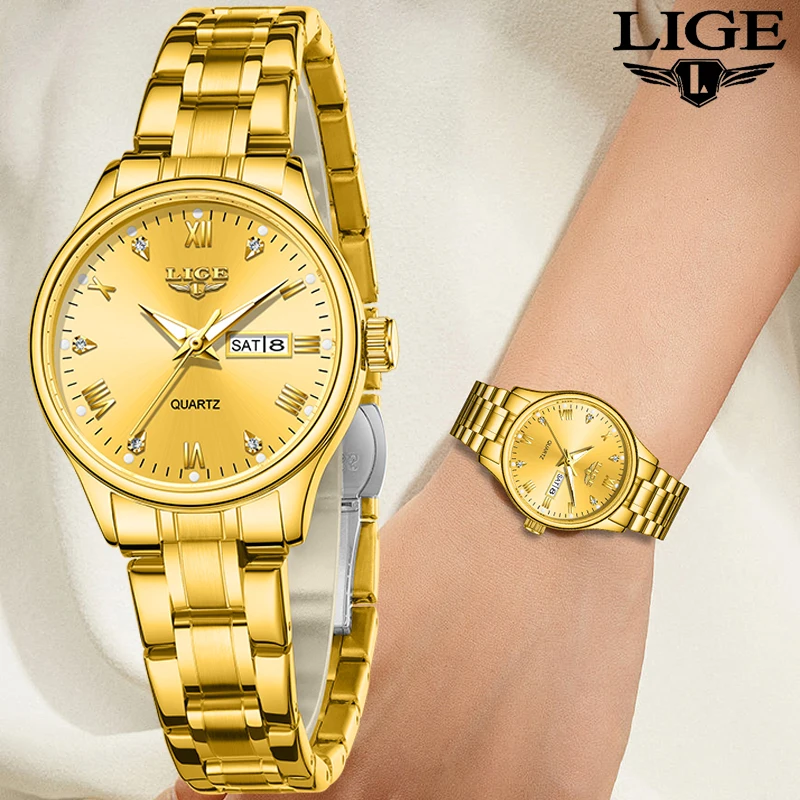 

LIGE luxury women's watch Fashion elegant waterproof luminous stainless steel quartz clock calendar week watch for Women reloj