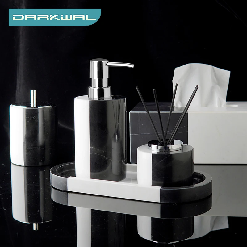 Volakos White and Nero Marquina Bathroom Set Soap Dispenser Cotton Swabs Container Soap Dish Tray Bathroom Accessories