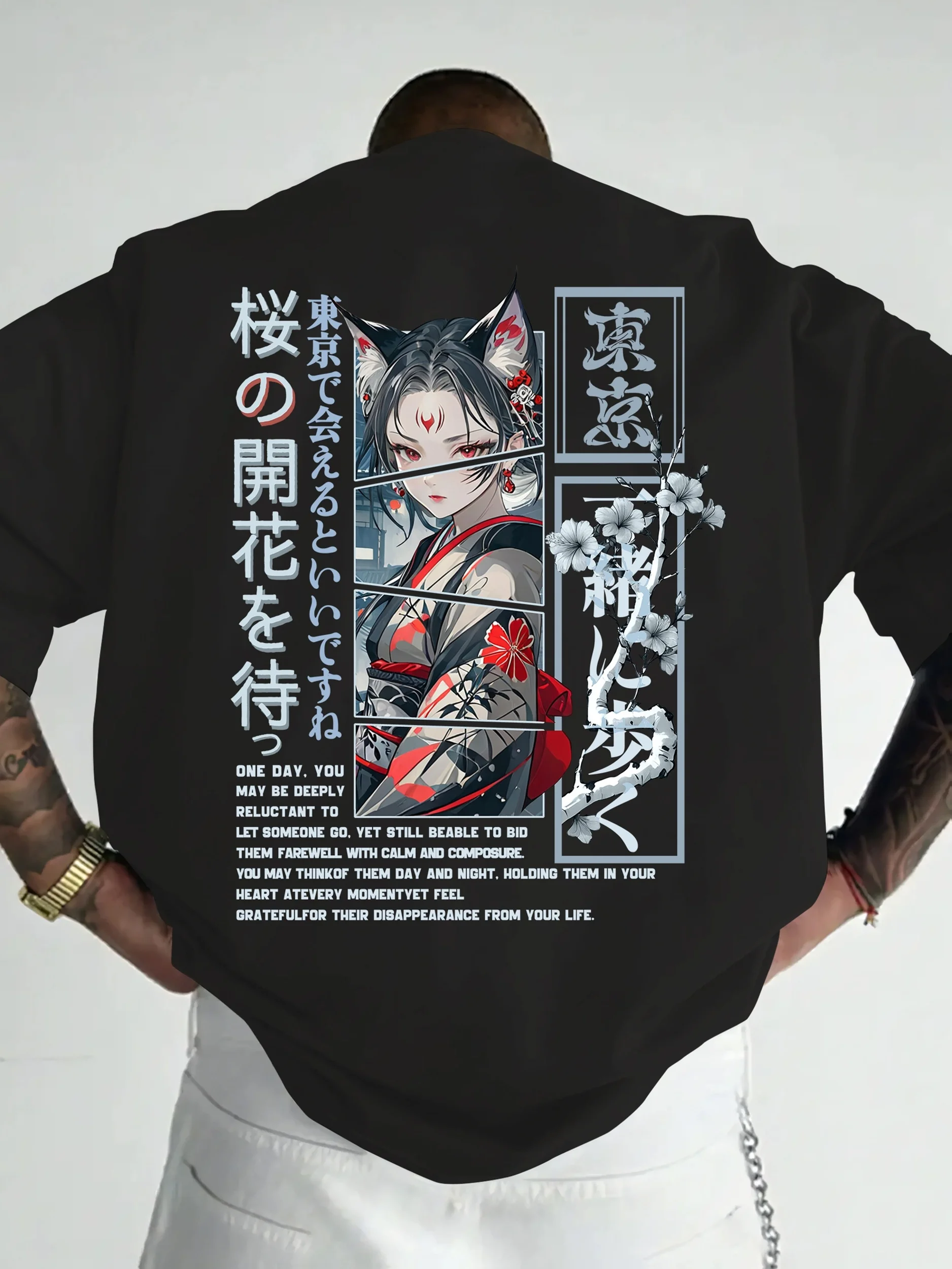 New Summer Cherry Blossom Theme Pattern Men  Loose T-shirt  100% Cotton Material  Versatile  Fashionable Comfortable and Trendy