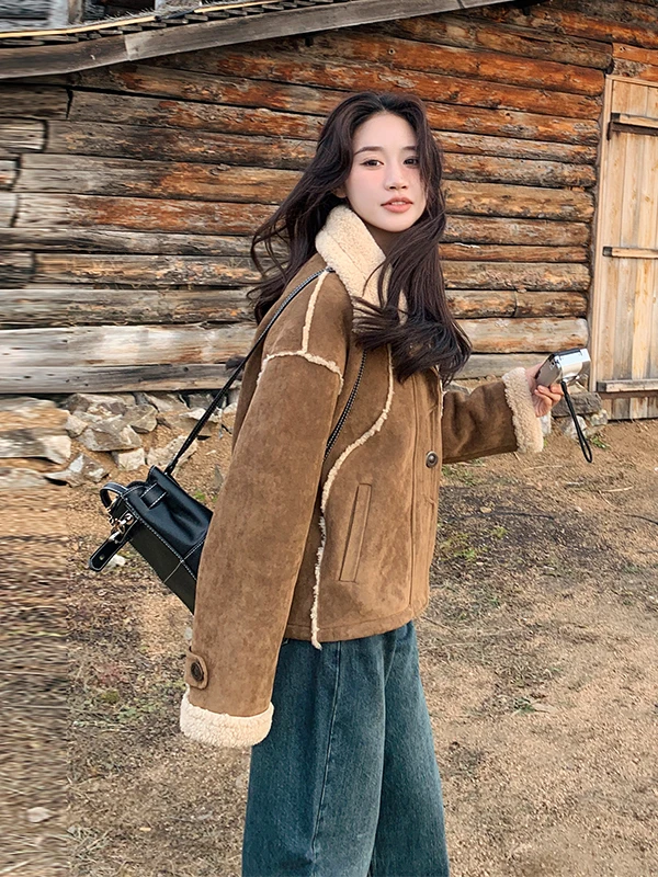 เสื้อแจ็คเก็ตขนแกะสำหรับผู้หญิง บุหนา อุ่นสบาย บุขนด้านใน หนังและขนสัตว์ผสมผสาน ฤดูใบไม้ร่วง ฤดูหนาว รุ่นใหม่ สไตล์ลำลอง ทรงตรง