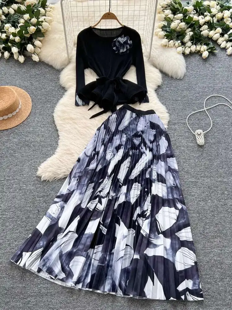 

Women Vintage Folded Pleated Two Piece Sets Elegant 3D Flower Irregular Blouse Top High Waist Printed Floral Long Skirt Outfits