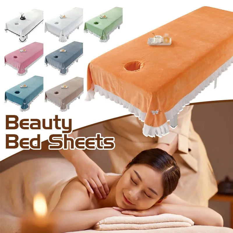 

Plush Beauty Salon Massage Table Sheet SPA Massage Bed Table Cover Solid Color Soft Salon Sheets with Lace Trim Face Hole New