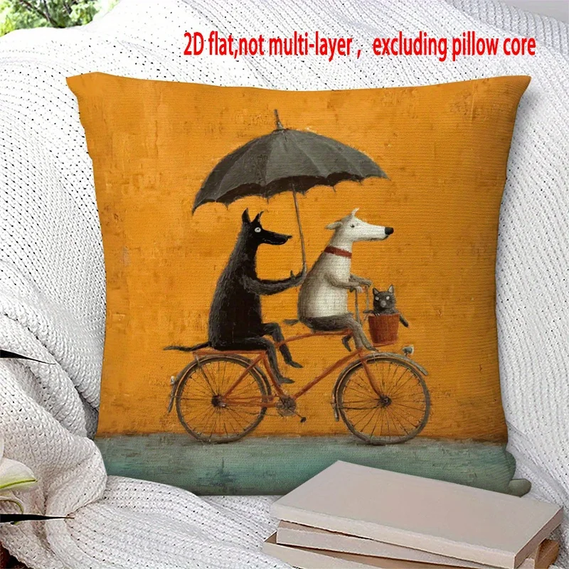 1pc 2D Flat Pillow Not Included Dogs Riding Bicycle Umbrella Art Cushion Cover Short Plush Whimsical Pet Lover Decor Gift Case