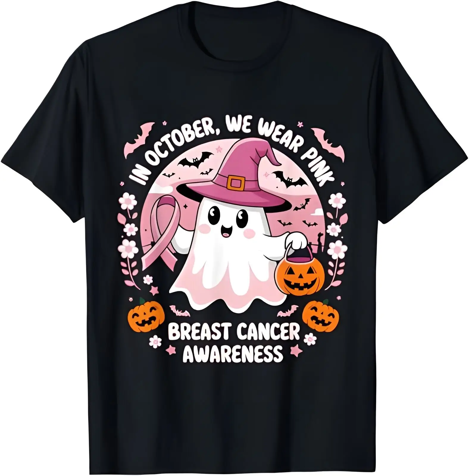 

AT-shirt with a pink breast cancer promotion witch hat printed on it for October