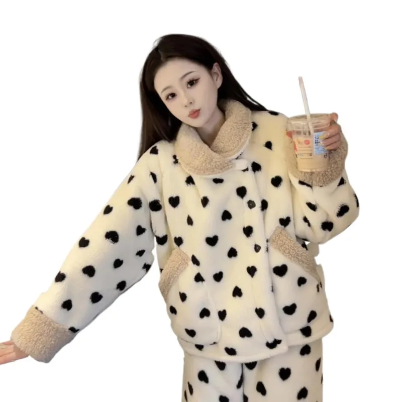 

Fleece Sleeping Lapel Women's Clothing Winter New Cute Thickened Fleece Warm Cute Casual Wear Korean Version of Sweet Loungewear