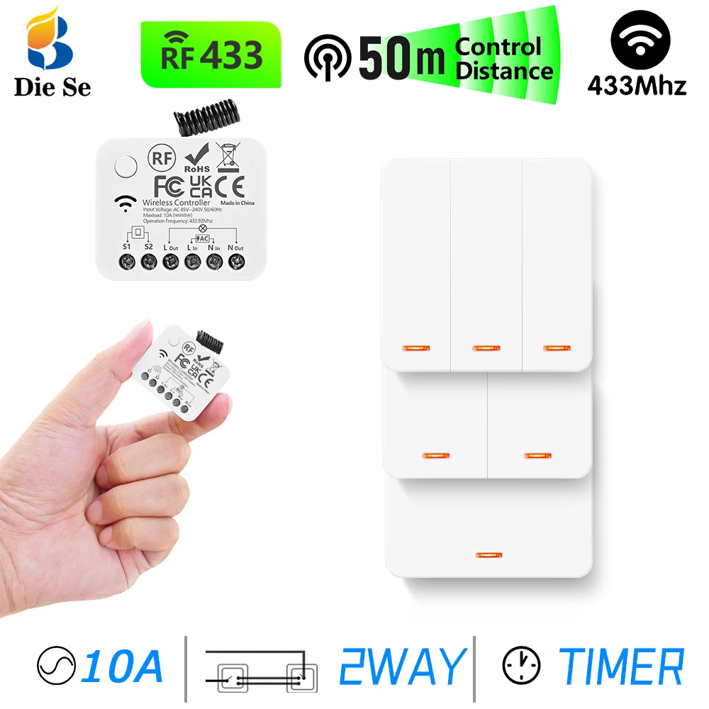

433MHz Wireless Remote Control Light Switch 110V 220V Receiver Use with Wire Switch and 86 Push Button Wall Switch for LED/Lamp