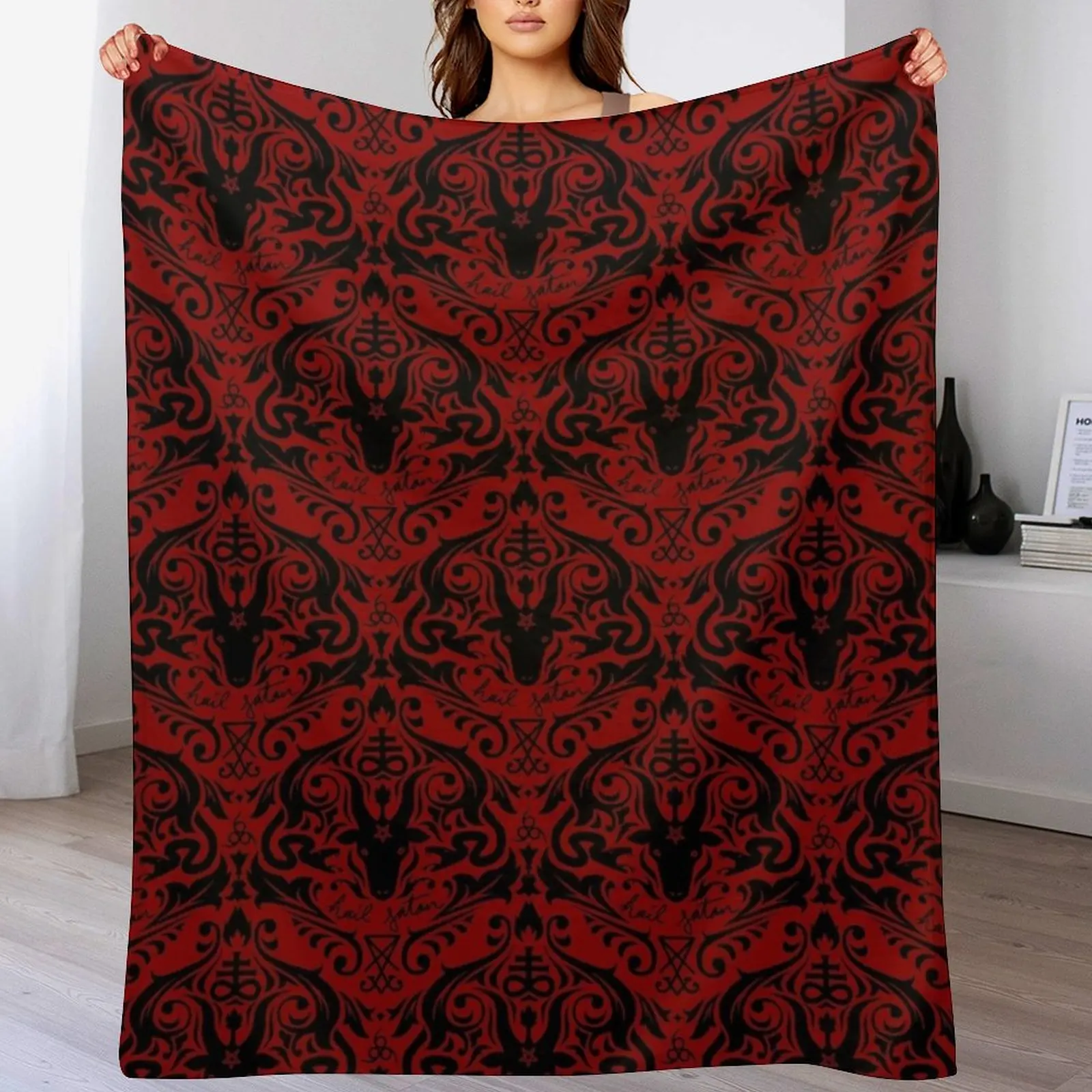 Damask - Hail Satan (Black & Red default) Throw Blanket Flannel Nap warm for winter Comforter Blankets