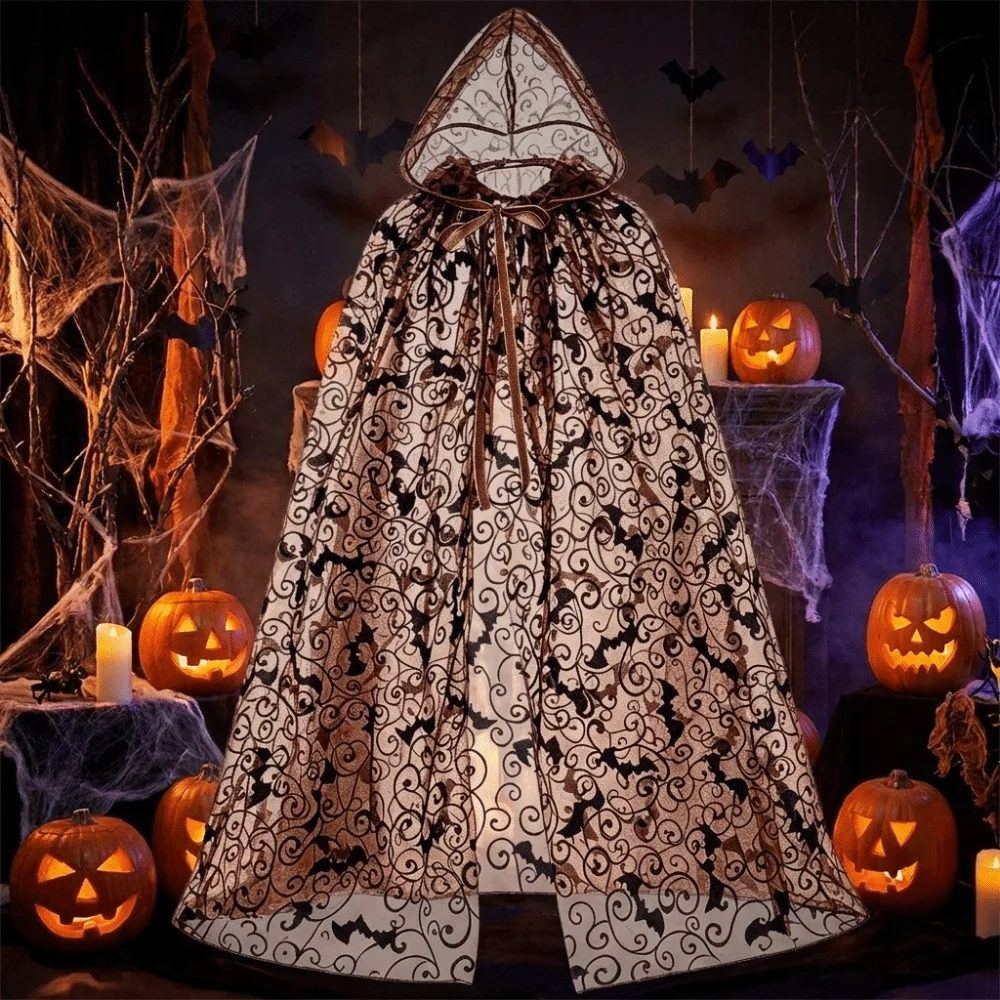 Lightweight Halloween Hooded Cape Semi-transparent Black Spider Web Mesh Cardigan Bat Creative Long Cloak Music Festival