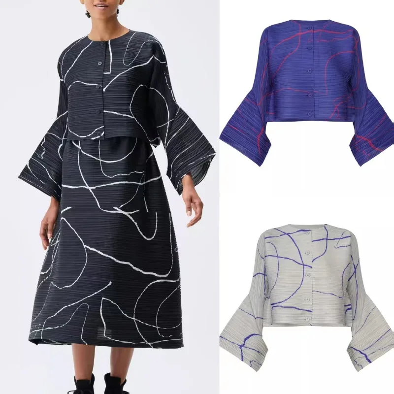 

Miyake Fall Limited плиссированная футболка, кардиган с длинными рукавами, женский простой повседневный комплект с полуюбкой, эластичная пригородная одежда