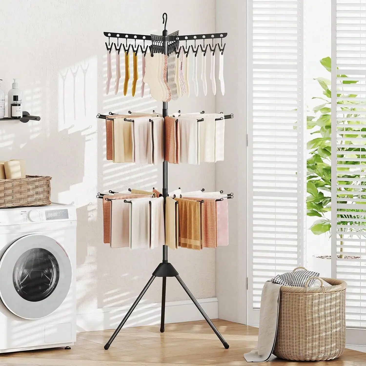 

3-Tier Portable And Foldable Drying Rack, 70"H Freestanding Towel Rack With 32 Rods, 24 Clips, Detachable Top Hanger