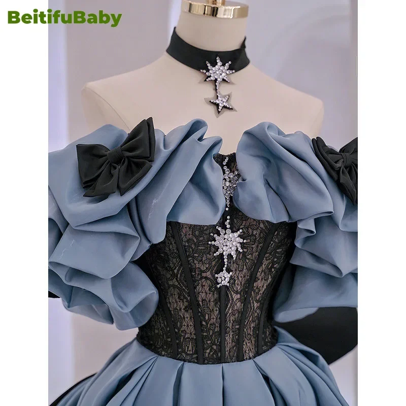 BeitifuBaby Women\'s Palace Style Evening Dress Off The Shoulder Slimming Lace Bow Banquet Ball Gown Formal Dress Women Vestidos