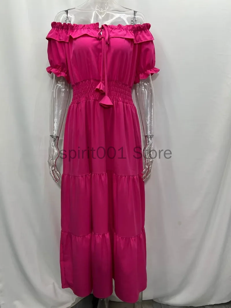 

2025 New Women Spring Summer Long Dress Off Shoulder Solid Color Short Sleeve Carnaval Queen Medieval Party Cosplay Dress