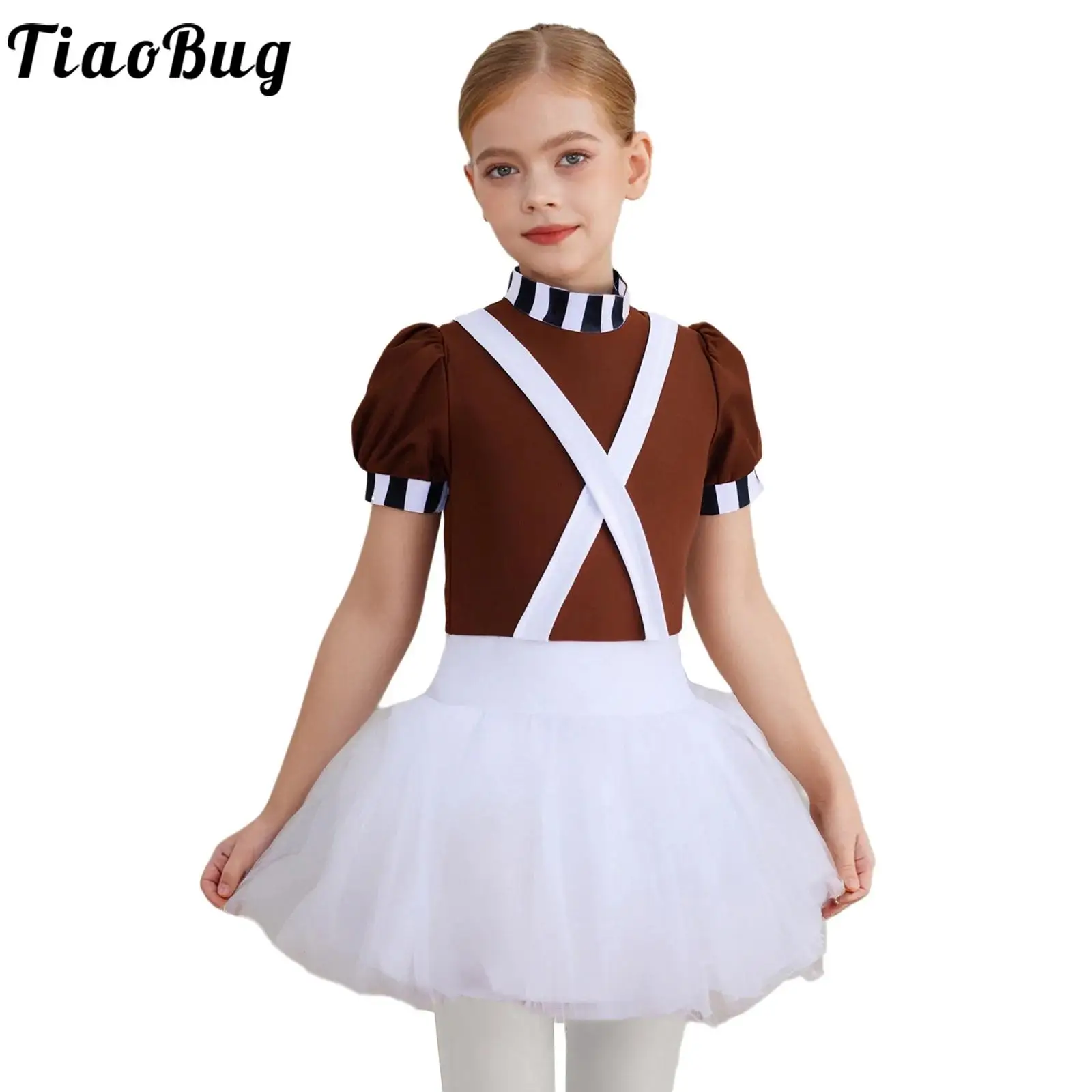 

Girls Chocolate Factory Worker Costume Halloween Theme Party Cosplay Tutu Short Sleeves Puffy Dress with Attached Braces