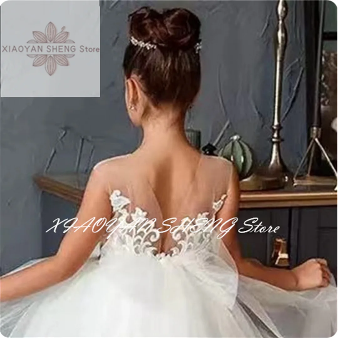 Vestido de niña de flores blanco para boda elegante encaje tul apliques sin mangas cuello redondo hinchado baile de cumpleaños vestido de primera comunión