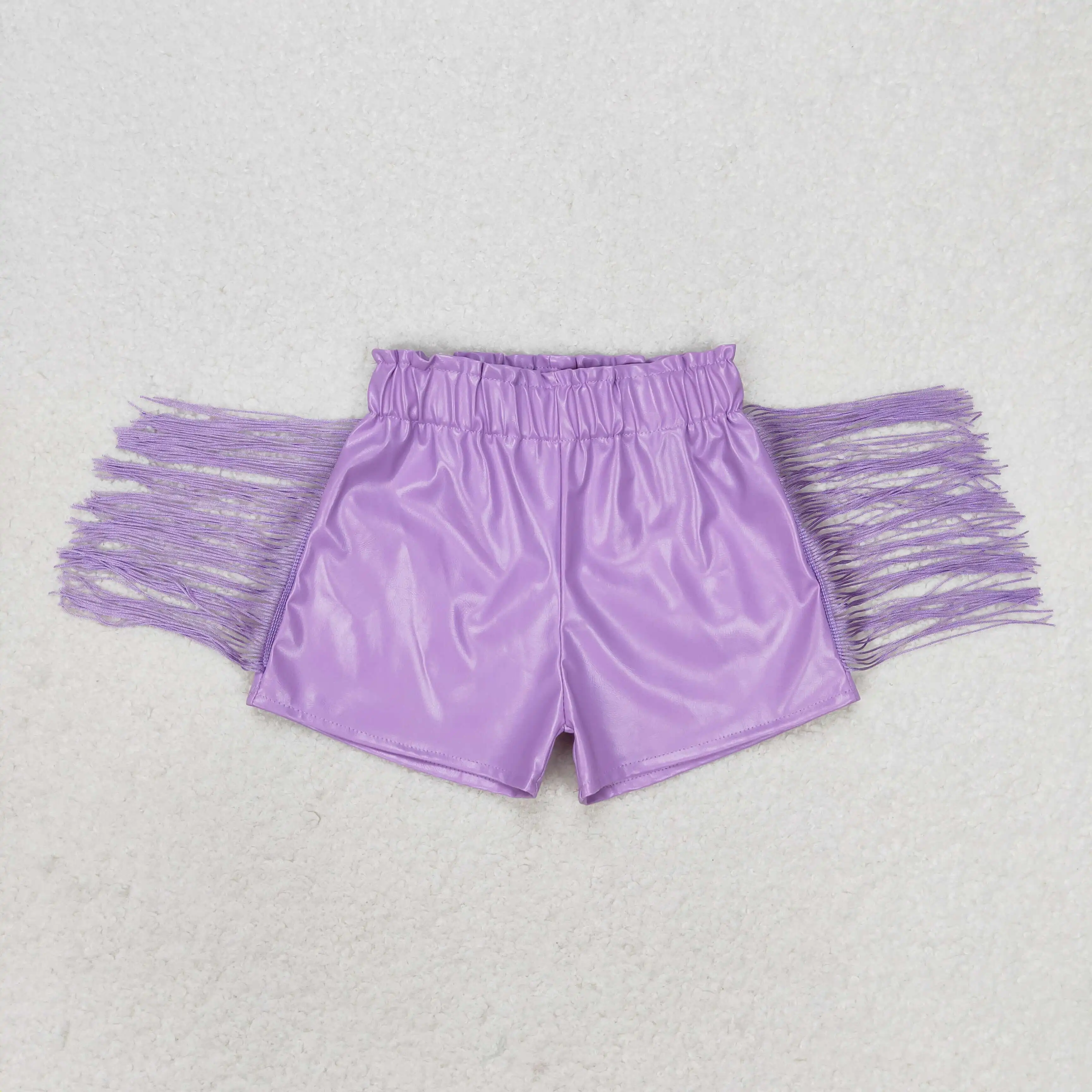 Wholesale summer shorts hot sale western boutique clothing for baby girls clothes Purple glossy leather tassel shorts